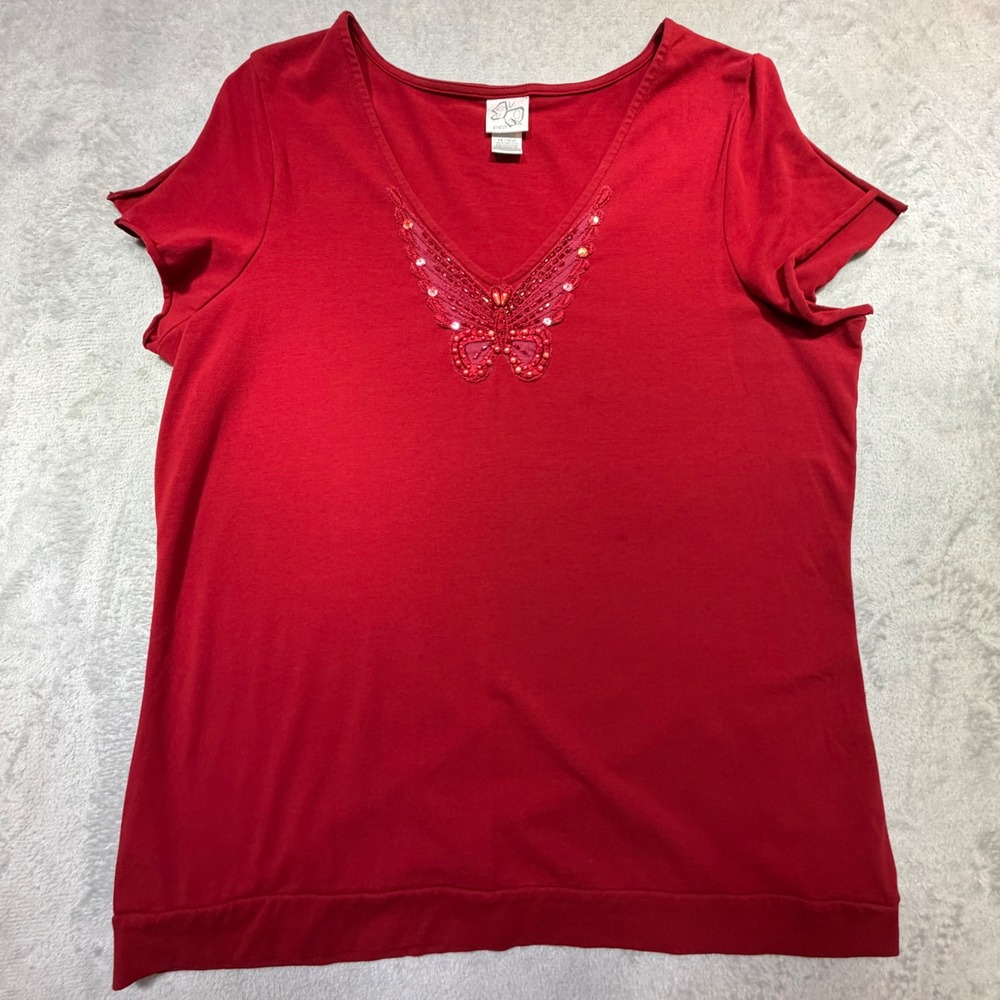 Vintage 2000s Butterfly Beaded Red Cotton Top Size 14/16W Y2K Tulip Sleeve Bold